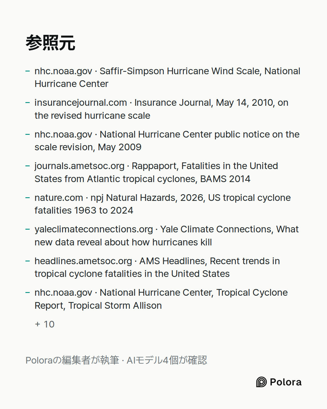 出典 18 : nhc.noaa.gov · Saffir-Simpson Hurricane Wind Scale, National Hurricane Center, insurancejournal.com · Insurance Journal, May 14, 2010, on the revised hurricane scale, nhc.noaa.gov · National Hurricane Center public notice on the scale revision, May 2009 + 15