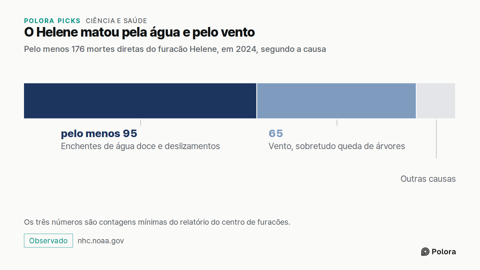O Helene matou pela água e pelo vento · Pelo menos 176 mortes diretas do furacão Helene, em 2024, segundo a causa · Enchentes de água doce e deslizamentos · Vento, sobretudo queda de árvores · pelo menos 95 · 65 · Outras causas · Os três números são contagens mínimas do relatório do centro de furacõ