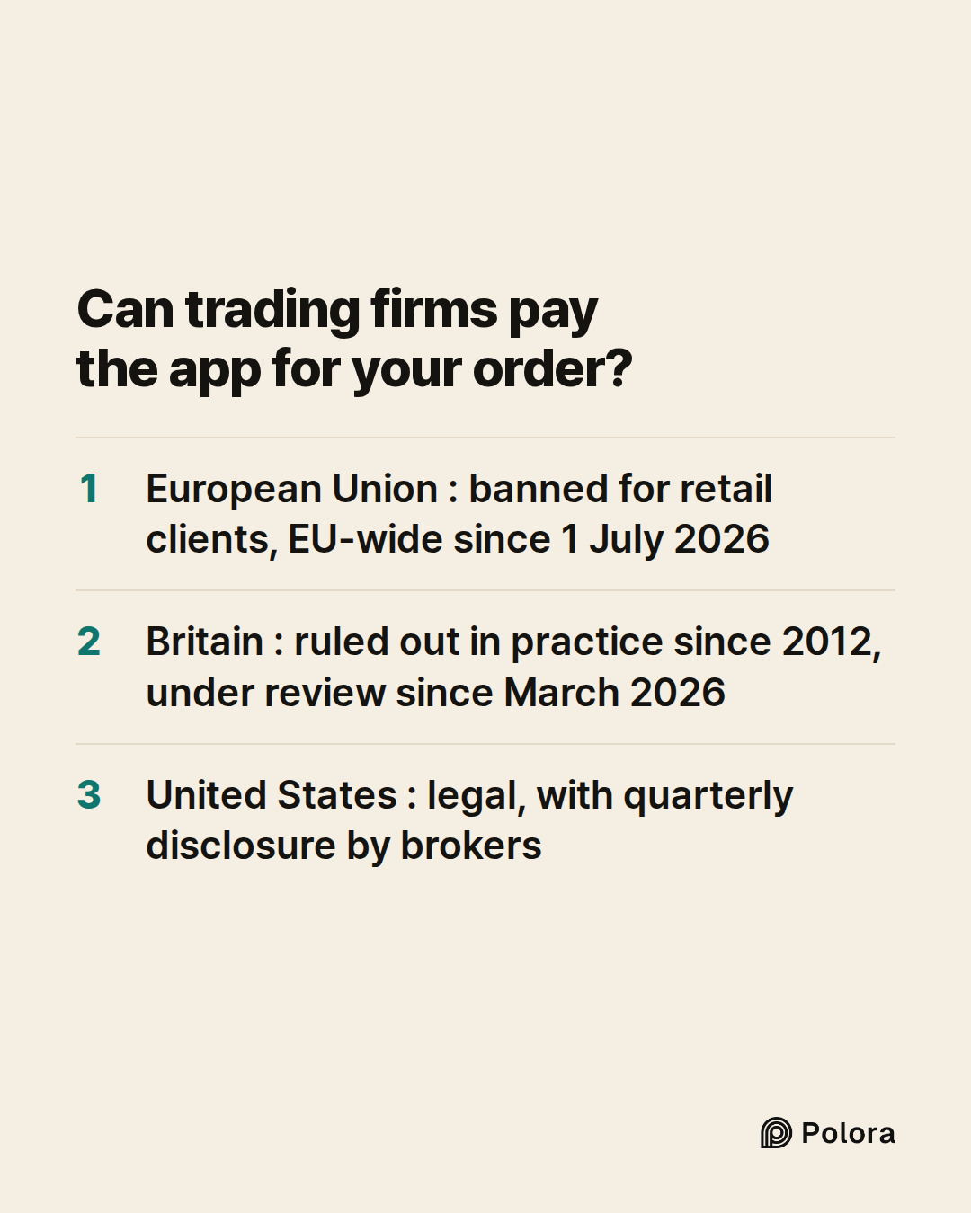 Can trading firms pay the app for your order? · European Union : banned for retail clients, EU-wide since 1 July 2026 · Britain : ruled out in practice since 2012, under review since March 2026 · United States : legal, with quarterly disclosure by brokers