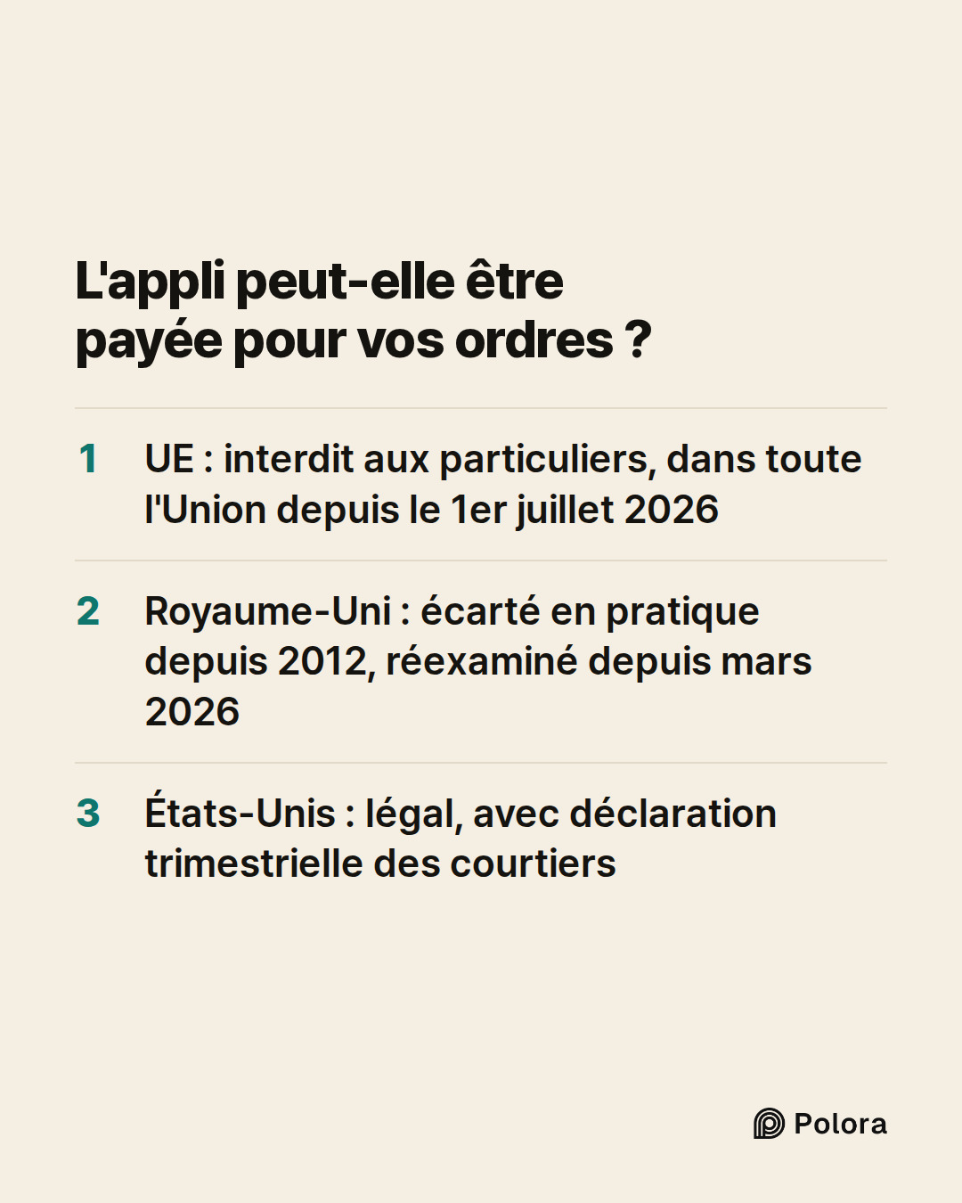 L'appli peut-elle être payée pour vos ordres ? · UE : interdit aux particuliers, dans toute l'Union depuis le 1er juillet 2026 · Royaume-Uni : écarté en pratique depuis 2012, réexaminé depuis mars 2026 · États-Unis : légal, avec déclaration trimestrielle des courtiers