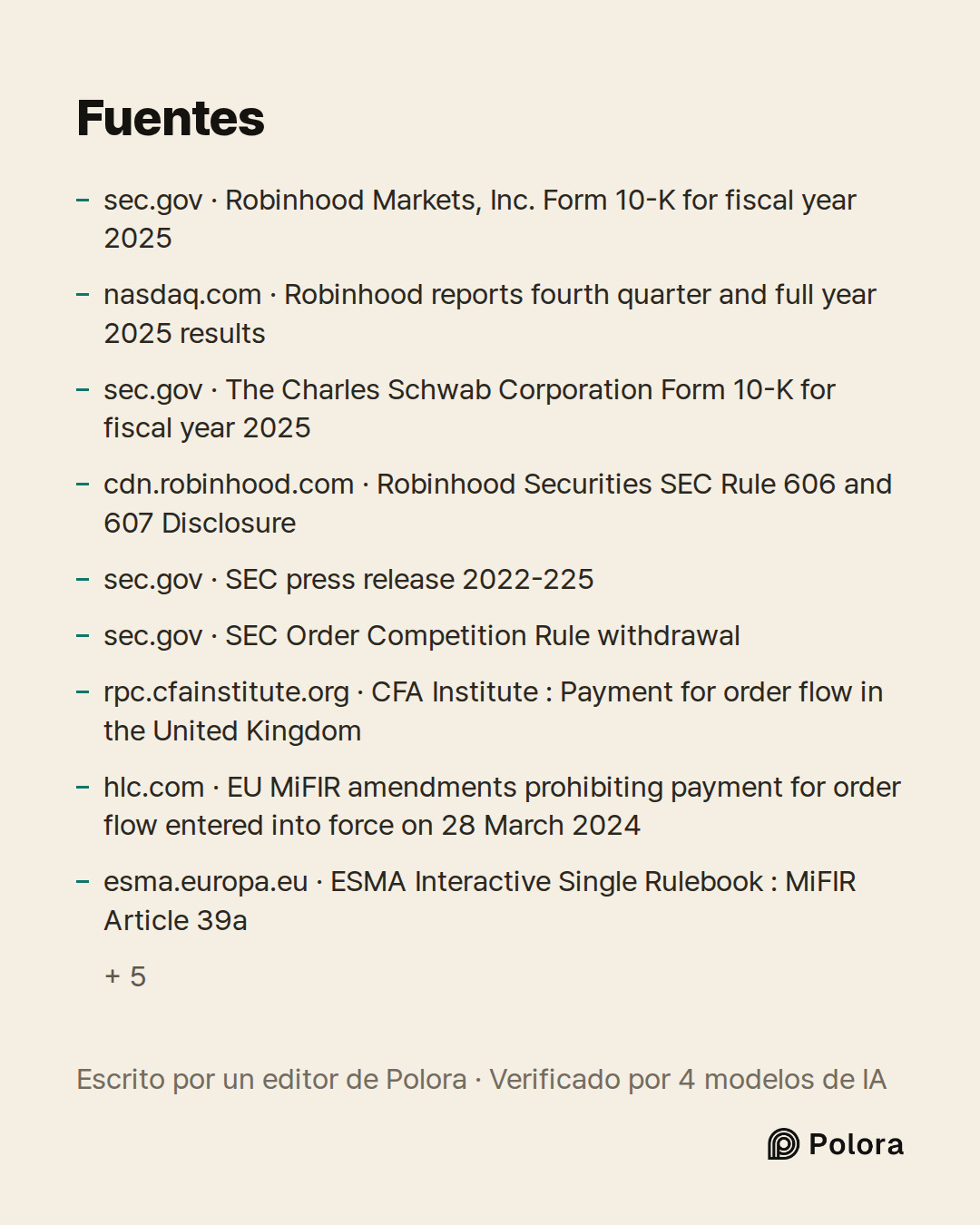 Fuentes 14 : sec.gov · Robinhood Markets, Inc. Form 10-K for fiscal year 2025, nasdaq.com · Robinhood reports fourth quarter and full year 2025 results, sec.gov · The Charles Schwab Corporation Form 10-K for fiscal year 2025 + 11