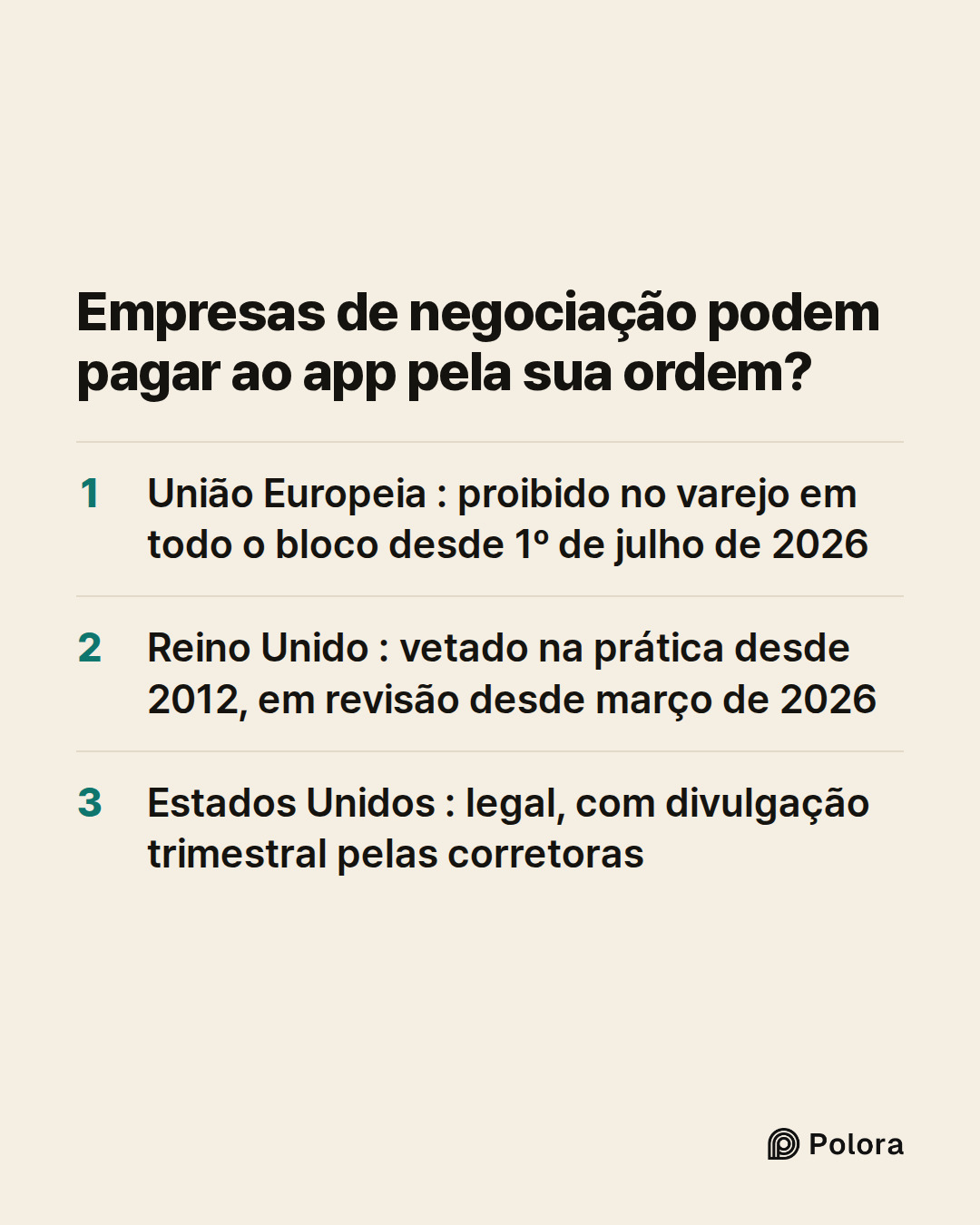 Empresas de negociação podem pagar ao app pela sua ordem? · União Europeia : proibido no varejo em todo o bloco desde 1º de julho de 2026 · Reino Unido : vetado na prática desde 2012, em revisão desde março de 2026 · Estados Unidos : legal, com divulgação trimestral pelas corretoras