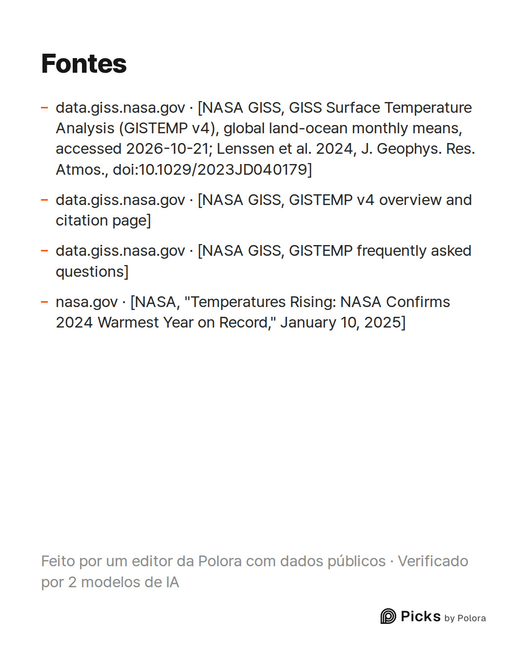 Fontes 4 : data.giss.nasa.gov · [NASA GISS, GISS Surface Temperature Analysis (GISTEMP v4), global land-ocean monthly means, accessed 2026-10-21; Lenssen et al. 2024, J. Geophys. Res. Atmos., doi:10.1029/2023JD040179], data.giss.nasa.gov · [NASA GISS, GISTEMP v4 overview and citation page], data.gis