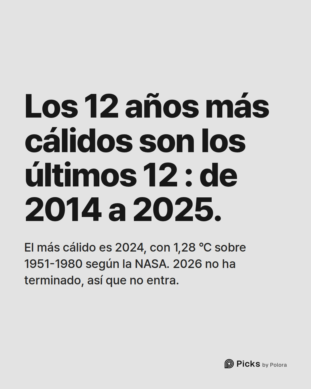 Los 12 años más cálidos son los últimos 12 : de 2014 a 2025. · El más cálido es 2024, con 1,28 °C sobre 1951-1980 según la NASA. 2026 no ha terminado, así que no entra.
