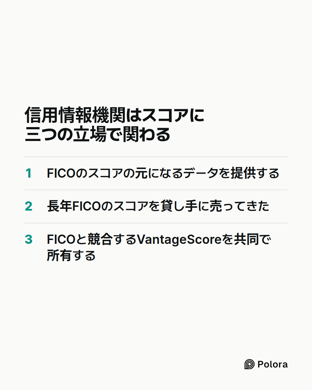 信用情報機関はスコアに三つの立場で関わる · FICOのスコアの元になるデータを提供する · 長年FICOのスコアを貸し手に売ってきた · FICOと競合するVantageScoreを共同で所有する