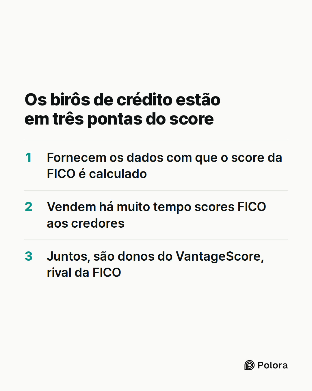 Os birôs de crédito estão em três pontas do score · Fornecem os dados com que o score da FICO é calculado · Vendem há muito tempo scores FICO aos credores · Juntos, são donos do VantageScore, rival da FICO