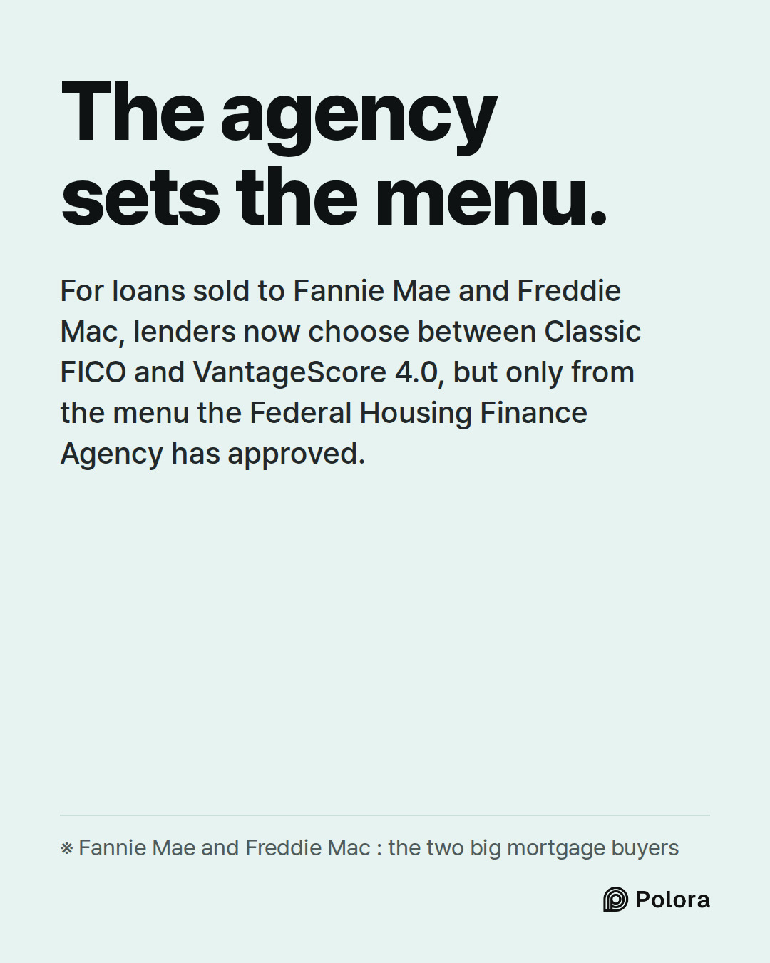 The agency sets the menu. · For loans sold to Fannie Mae and Freddie Mac, lenders now choose between Classic FICO and VantageScore 4.0, but only from the menu the Federal Housing Finance Agency has approved. · ※ Fannie Mae and Freddie Mac : the two big mortgage buyers